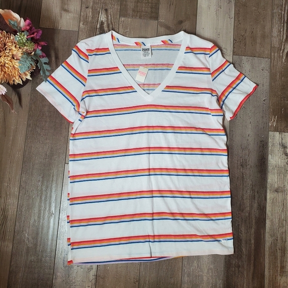 NWT Victoria's Secret PINK White V-Neck Rainbow Striped T-Shirt Size Large - Picture 1 of 16